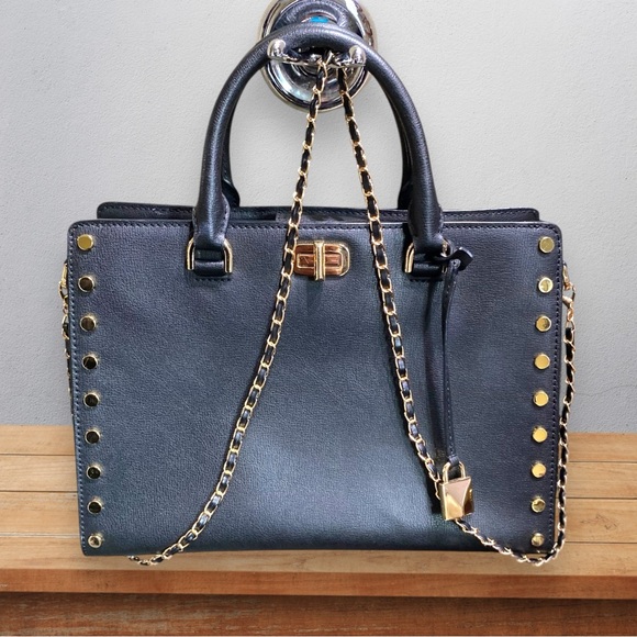 Michael Kors Gold Studded Saffiano Leather Kellen Satchel Bag. Black. Pristine - Picture 1 of 16